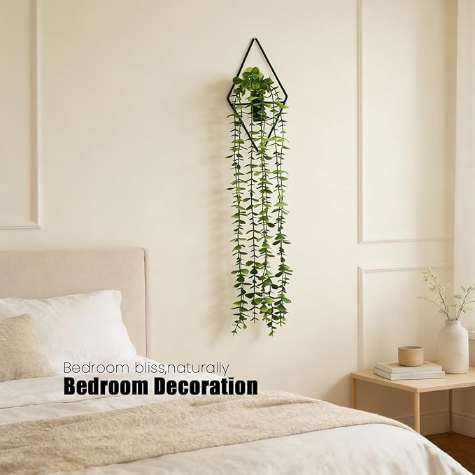 GREENTIME 2 Pack Fake Succulent Plants Hanging Artificial Ivy Vine with Black Diamond Metal Hanging Vase Faux Hanging Eucalyptus for Teacher Appreciation Living Room Bedroom Boho Kitche Wall Shelf