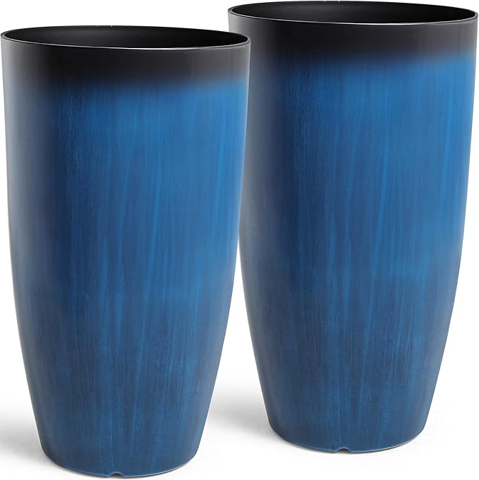Autodaya 23.8" Tall Planters Large Set of 2 Plant Pots Plastic Flower Pots Outdoor Artistic Floating Cobalt Blue Glaze, UV-Protect & Lightweight PP Container for Garden, Patio, Deck, Porch, Indoor