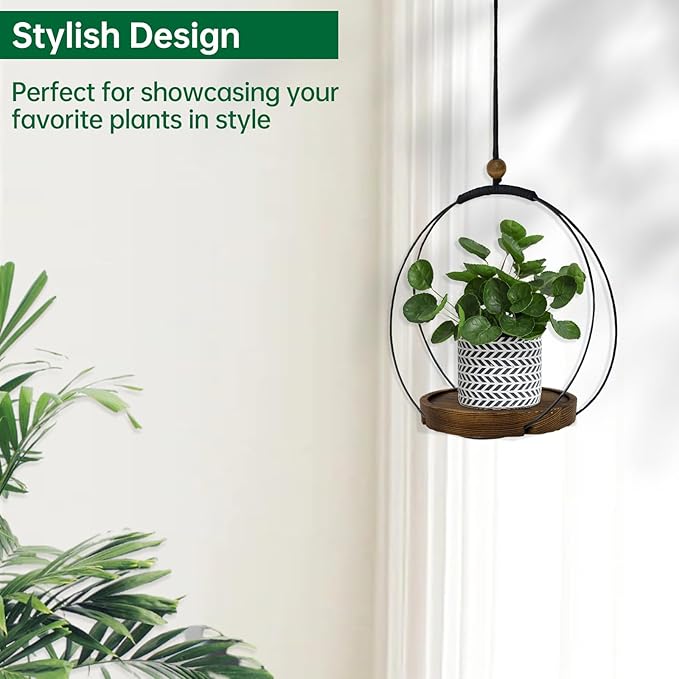 hismocal Hanging Planters for Indoor Plants,Plant Hanger with Sturdy Wood Base,Modern Boho Macrame Plant Hanger,Wall Ceiling Window Stands(Plants/Pots Not Included) (1 Pack-Circle)