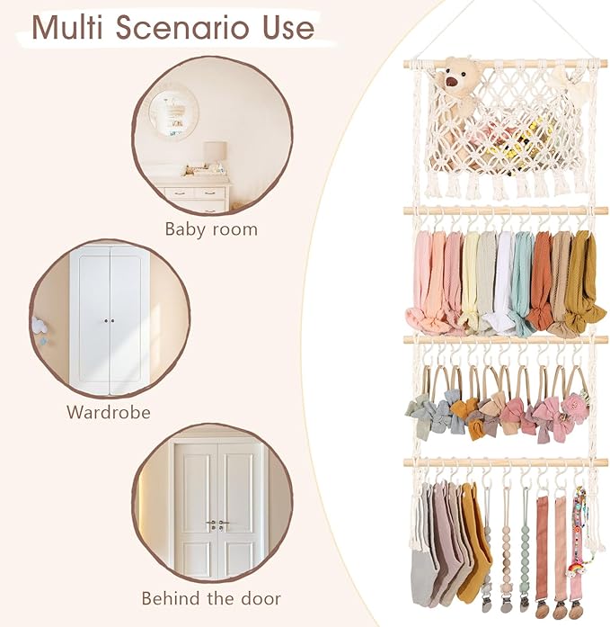 POVETIRE Headband Holder Hair Bow Organizer for Girls,Macrame Bow Holder Hair Accessories Organizer Storage Large Capacity Wall Hanging for Toddler Girl Nursery Room Decor