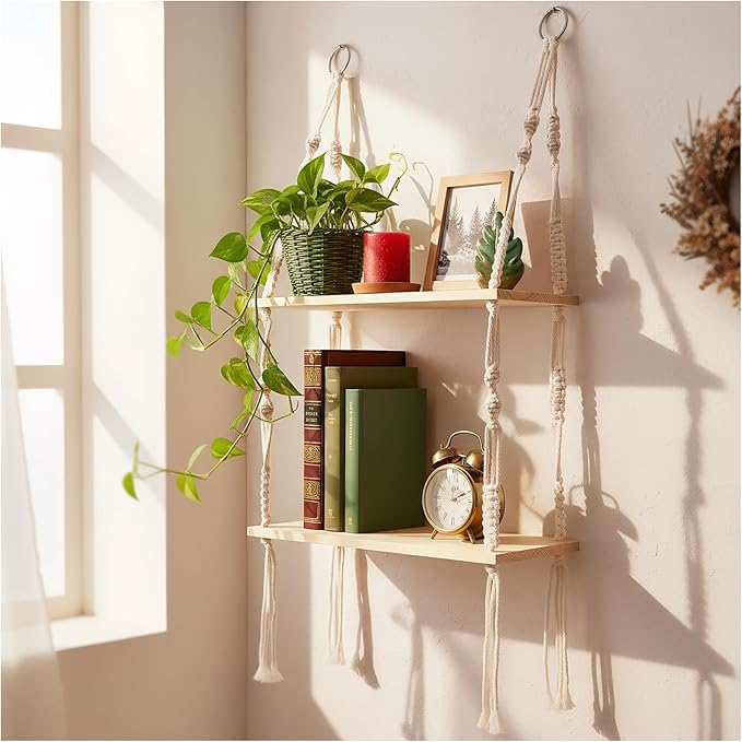 Bohemian Braided Jute Rope Floating Wall Shelf, Rustic Natural Wood with No Drill Adhesive Mount for Plants, Photo Frames, Decorative Display in Bedroom, Living Room, Office, Kitchen