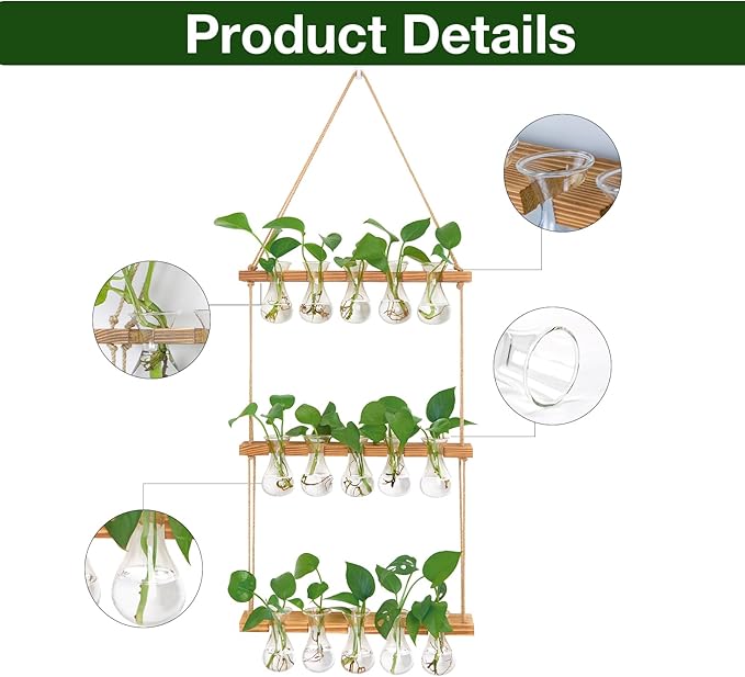 XXXFLOWER Wall Hanging Propagation Station with Wooden Stand 5 Bulb Vase 3 Tiers Planters Wall Terrarium for Home Office Plant Hanger Flower Vases Wall Decor