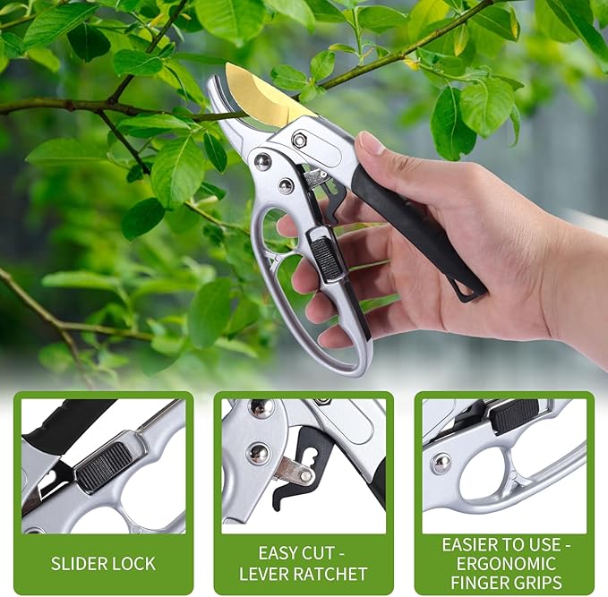 Garden Clippers, Premium Germany Titanium Pruners, Work 3 Times Easier, Ratcheting Pruning Shears, Cutting Rose, Flower, Hedge, Stem, Tree, Sharp Gardening Scissors, Arthritis Weak Hand Snips