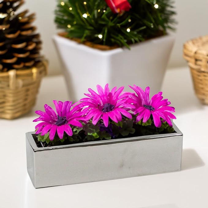WGVI Long Rectangle Ceramic Planter Vase in Silver 14" x 4" x 4"H, Rectangular Box Block Terrarium Pot, Flower Arrangement, Tabletop Centerpiece, Home Decor Organization Storage Container, 1 Pc.