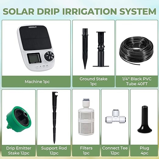 HIRALIY Solar Automatic Drip Irrigation System, Solar Powered Watering Device with Timer for Pots Plants, Pressure Balanced Drippers, with USB Port, for Indoor Irrigation Kit, Includes Battery