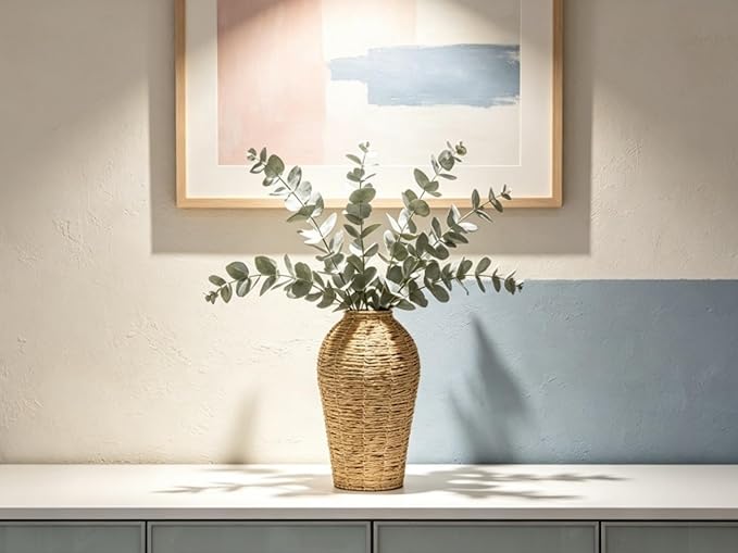 15 Inch Tall Faux Seagrass Vase, Large Woven Decorative Vase for Tabletop, Modern Boho Accent Piece for Entryway, Living Room, and TV Console