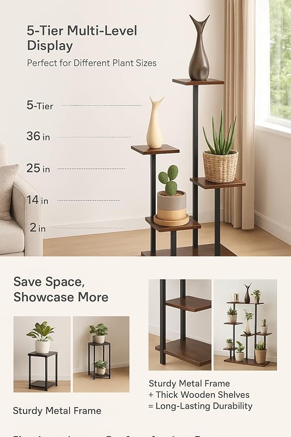 4 Tier Plant Stand for Indoor Plants, Modern Wood & Metal Flower Shelf with Wooden Shelves - Multi-Tiered Display Rack for Living Room, Balcony, Patio, Easy to Assemble Space Saver, Brown