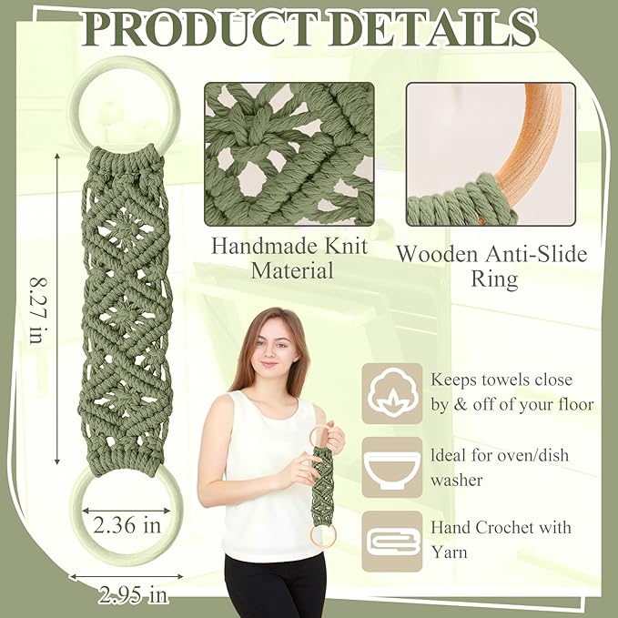 Tioncy 4 Pcs Kitchen Dish Towel Holder Gifts for Mother Boho Handmade Crochet Hanging Towels Loop Ring Knit Towel Hanger for Cabinet House Oven Stove Door, 4 Colors(Sage Green)