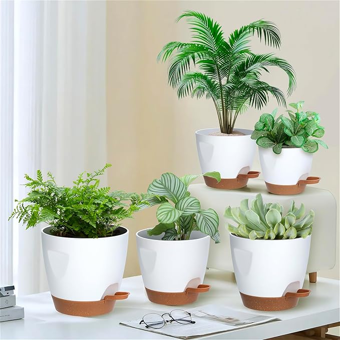 5-Pack Plant Pots with Drainage 7/6.5/6/5.5/5 Inch, Self Watering Pots for Indoor Plants, Planters for Indoor Outdoor Plants, Plastic Flower Pot, Planter for Indoor Outdoor (White)