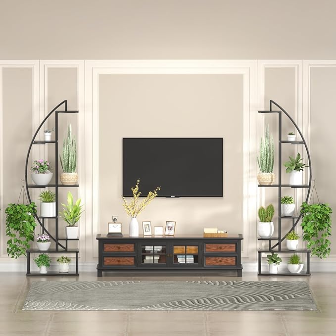 Plant Stand Shelf Indoor with 6 Grow Light, 7 Tiered 65" Tall Black Large Half Moon Lighted Plant Rack Holder, 2 Pack Big High Circular Arch Multi Herb Stand with Built in LED Grow Light Set