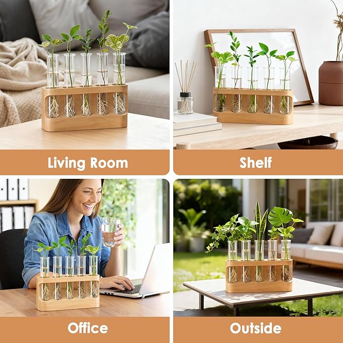 Tigvio Plant Propagation Station with 9-Level Dimmable LED Light, 5 Glass Test Tube Vases, Wooden Stand for Hydroponic Plants, Gardening Gift for Women & Plant Lovers, Desktop Terrarium & Home Decor