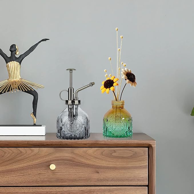 Glass Plant Mister Spray Bottle Indoor Watering Can 6.4inch Tall with Bronze Plastic Top Pump Vintage Small Plant for Outdoor Garden Succulent Flower (Gray)