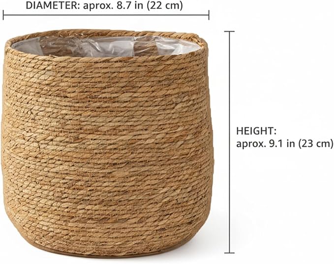 Seagrass Flower Pot, Woven Planter Basket for Indoor Plants, Decorative Plant Pot with Plastic Liner, Decorative Basket Planter for Home Decor (23 cm)