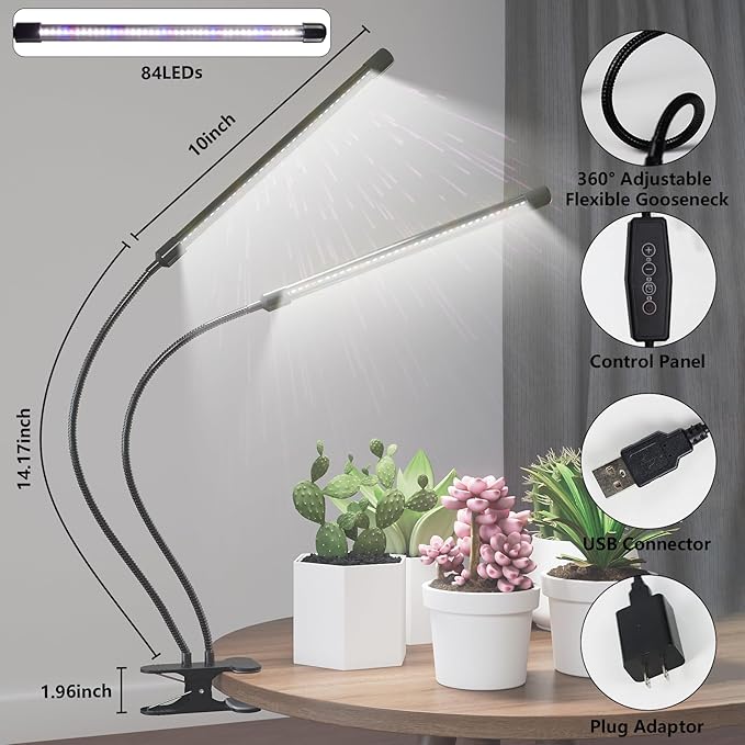GHodec Grow Light,Full Spectrum White 84 LED Clip Plant Lights for Indoor Plants Growing, 4/8/12H Timer & 5 Dimmable Levels (80W)