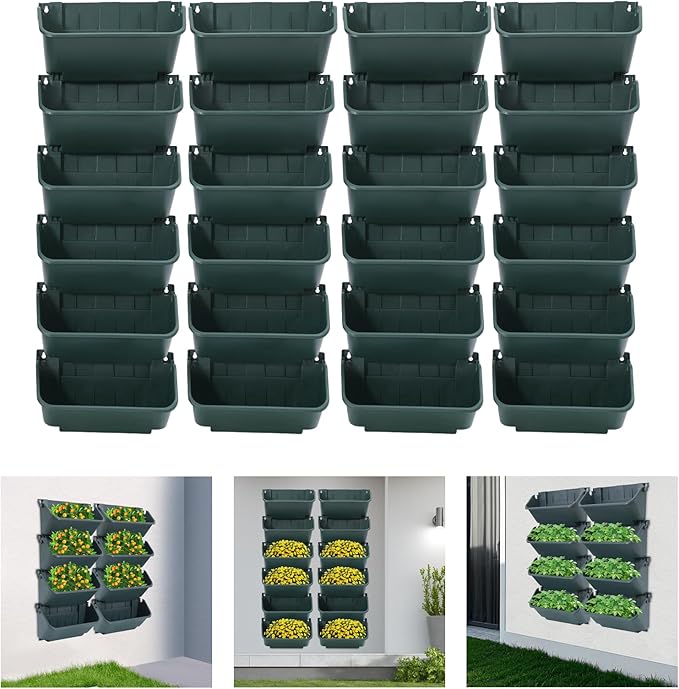 Bacocoo Vertical Garden Planter - 24 Pack, 13 inch Wall Mounted Planter for Patio Outdoor Decor, Home Green Plastic Pot Balcony Plant Vegetable Fruit Herb Hanging Pocket Holder Flowerpot. (Army Green)