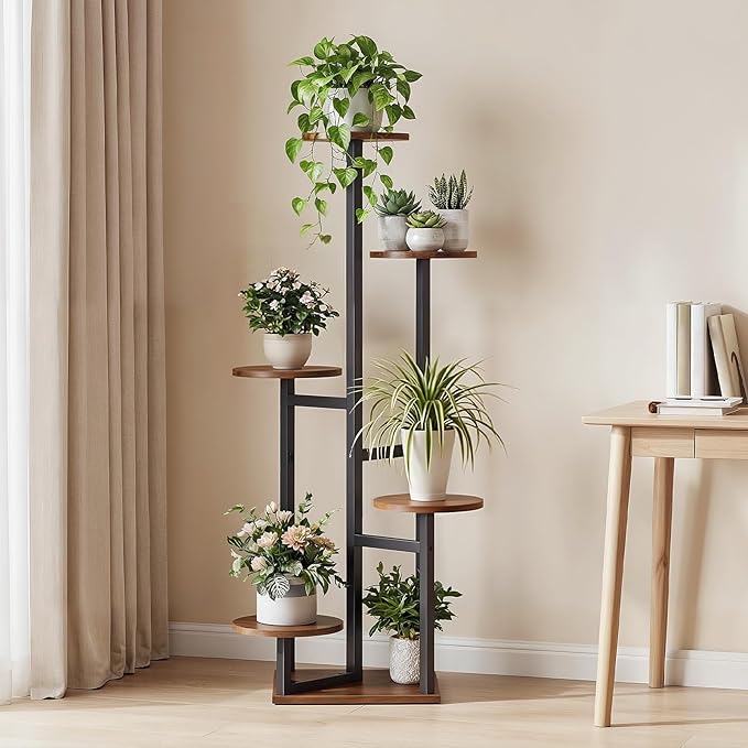 HOOBRO 5-Tier Corner Plant Stand Indoor, Round Vertical Plant Shelf for Small Spaces, Space Saving Flower Rack for Living Room, Balcony & Patio, Rustic Brown and Black BF05HJ01
