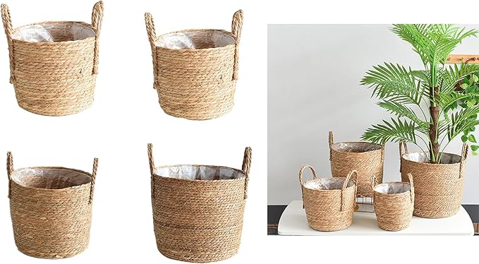 Woven Straw Flower Pot, Sea-Grass Planter Basket, Wicker Rattan Vase Sundries Organizers Storage Bins, Hand Woven Basket Planter with Plastics Liners and Handle - L 8.26x10.63inch