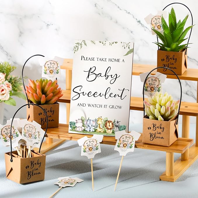 Geetery 101 Pcs Succulent Baby Shower Party Favors for Guests Include 1 Wooden Table Sign 50 Kraft Succulent Pots and 50 Tags for Baby Shower Party Gifts(Woodland)