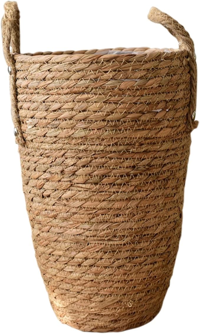 Wnvivi Grass Woven Flower Basket,Rustic Rattan Flower Pot with Plastic Liner,Seagrass Garden Planter Basket,Handwoven Storage Container (L)