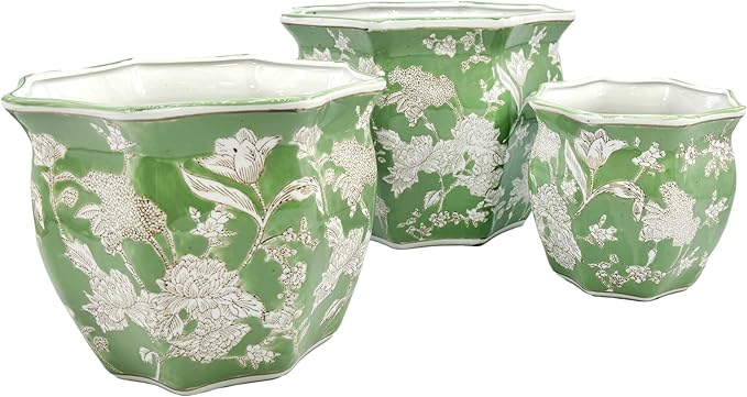 Galt International Green & White Round Fluted Floral Porcelain Ceramic Plant Flower Planter Pot Set of 3 (7.5", 10", 13") Garden Pots Chinese Asian Design