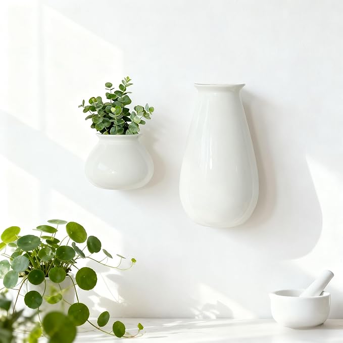 Set of 2 Hanging Ceramic Wall Planters, Wall Mounted Plant Holder, White Ceramic Planters for Indoor Plants, Home & Office Décor, Wall Hanging Flower Pots for Living Room, Bedroom, Balcony, Garden