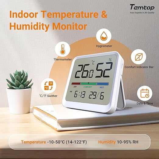 Temtop Indoor Thermometer Hygrometer, Precision Digital Temp/Humidity Monitor with Magnet & 3M Sticker, Date & Time, Wall/Magnet/Stand Mount, for Home, Office, Nursery, T1-SE