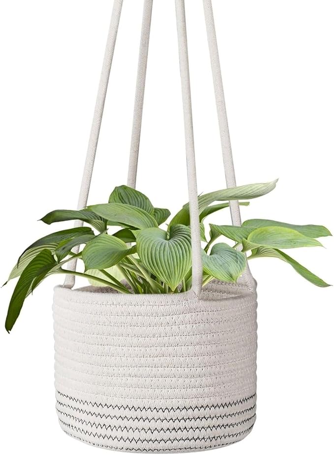 Flexzion Macrame Plant Hanger Basket for Indoor Plants - 8 Inch Jute Rope Planter Pot Cover, Woven Hanging Plant Holder Up to 7 Inch Pots, Boho Hanging Planters Home Decor Storage Organizer (White)