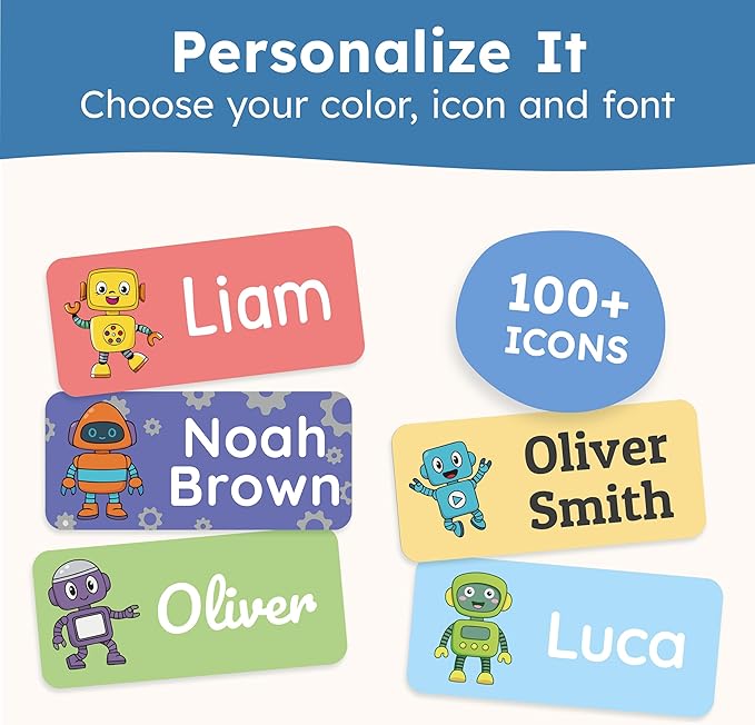 Personalized Name Labels for Kids (140 Labels) - Durable & Waterproof Custom Name Stickers for Clothing Tags, School Supplies, Camp & Daycare - Robots (1.2”x0.5”)