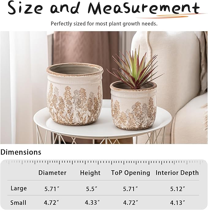 SURE YUESI Set of 2 Ceramic Planters 4.7” & 5.7”, Vintage Brown Rustic Flower Pots Without Drainage Hole, Decorative Indoor Plant Pots for Home Decor, Living Room