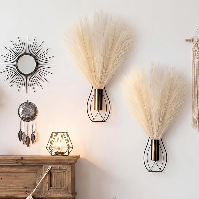Otoolling 2 Pieces Hanging Plant Wall Decor with Artificial Pampas Grass Metal Hanging Vase Modern Geometric Farmhouse Bohemian Wall Art for Living Room Bedroom Kitchen Office(Black, Beige)