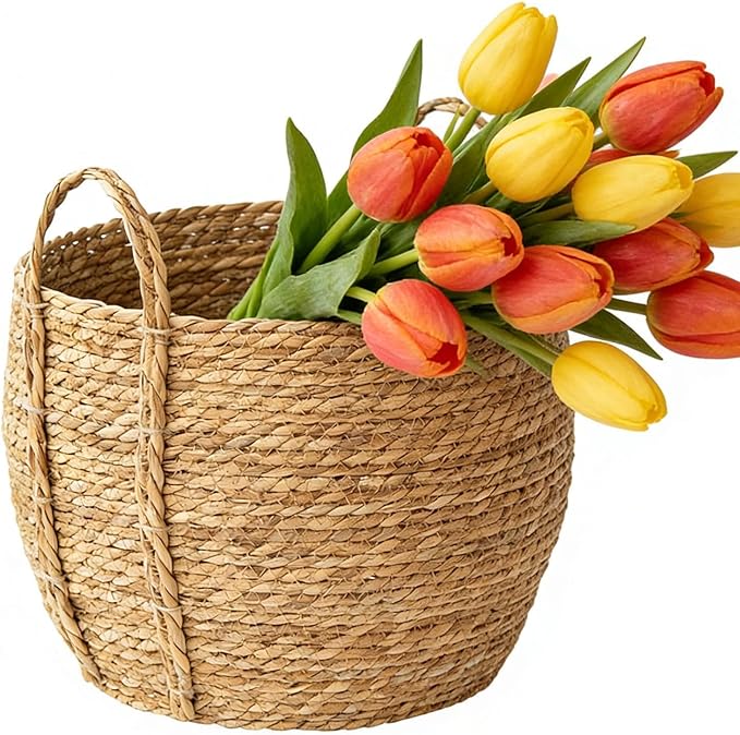 Rattan Planter, Woven Plant Basket, Seagrass Pot Rustic Woven Planter, Decorative Flower Pot with Sturdy Handle, Natural Decorative Storage, for Plants Indoor Balcony Garden Yard Living Room