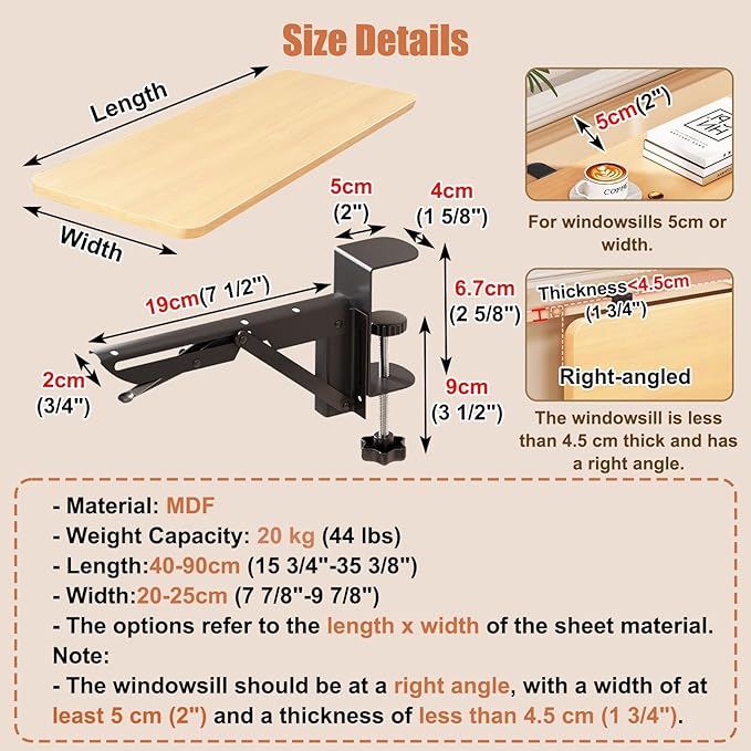 Clamp Window Sill Plant Shelf Foldable, No Drill Desk Extender Tray Space Saving, Wood Window Sill Extender Removable, Countertop Gap Rack(Wood,50x25cm(19.7x9.8in))
