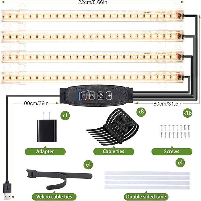 8.6'' LED Grow Light Strips, Full Spectrum 3500K Grow Lights for Indoor Plants, 4 Head with 3/9/12H Timer, 10 Dimmable Levels, Suitable for Seedling, Succulent, Plant Shelf and Greenhouse, 1-Pack