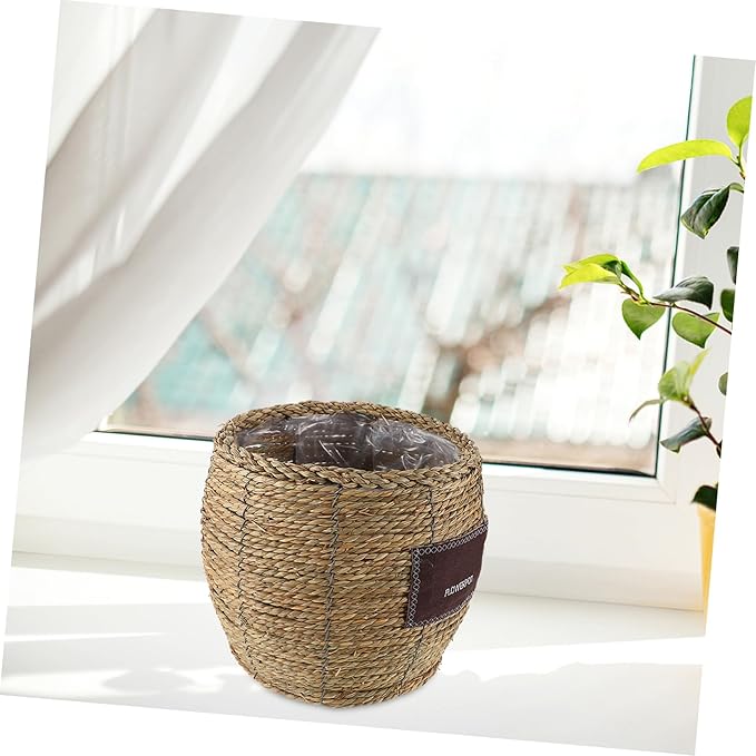 Woven Rattan Flower Basket Planter for Indoor Outdoor Plants, Medium Belly-Shaped Straw Storage Basket with Natural Seagrass, Decorative Plant Pot for Garden and Home Use