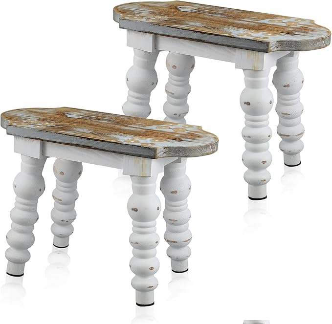 Reallnaive 2 Pack Wooden Bathroom Foot Stool Vintage Farmhouse Style Decorative Wooden Stool Stand Small Plant Stools for Adults Kitchen Bedroom Nightstand or Living Room Accent Table