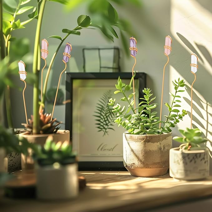 Threehoney 6 Pcs Crystal Plant Trellis for Potted Plants, 9.84'' Metal Plant Stakes with Natural Crystal Suncatcher, Indoor Outdoor Climbing Vegetation Support Stake for Home Garden Decor Mothers Gift