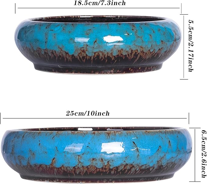 ARTKETTY Succulent Pots - 7.3/10 Inch Large Plant Pot Set of 2, Ceramic Bonsai Pot with Drainage Tray Shallow Planters for Indoor Succulents Glazed Cactus Flower Plant Container