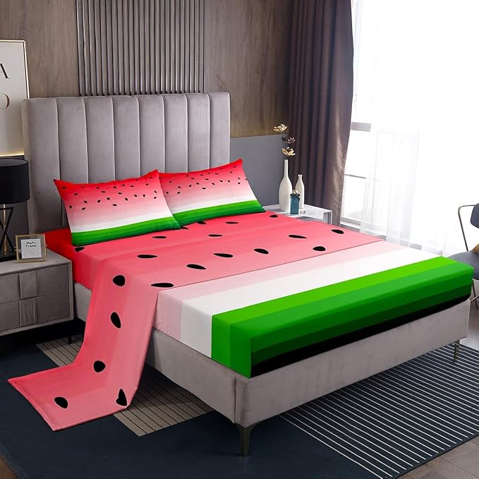 Feelyou Kids Bed Sheets Watermelon Bedding Set Full Size Tropical Fruit Print Bed Sheet Set for Kids Girls Women Fresh Pineapple Stripe Sheets Set Breathable Super Soft Red Green Room Decor