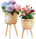 Boho Rattan Plant Stand Set of 2 – Handwoven Tall Elevated Wicker Plant Baskets for Indoor Plants, Mid-Century Modern Wooden Planter Holder with Tripod Legs, Farmhouse Home Decor