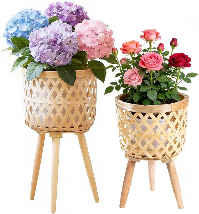 Boho Rattan Plant Stand Set of 2 – Handwoven Tall Elevated Wicker Plant Baskets for Indoor Plants, Mid-Century Modern Wooden Planter Holder with Tripod Legs, Farmhouse Home Decor