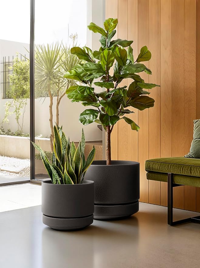 LE TAUCI 12 Inch Pot for Plants with Saucer, Ceramic Indoor Planter Pot with Drainage Hole, Mesh Pad Included, Unglazed Porous Ceramic, Modern for Home and Office, Charcoal Gray