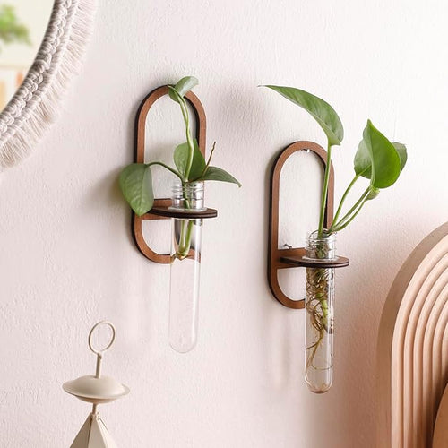 2 Pack Plant Propagation Station Wall Hanging Wooden Shelf Plant Terrarium for Hydroponics Home Office Decor Test Tube Propagate Air Plant Cutting Holder