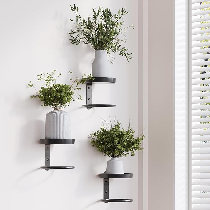 Metal Wall Plant Holder for Indoor Plants, Modern Stylish Wall Decor, Space-Saving Vertical Shelf for Home, Garden & Office 3 Pack Black