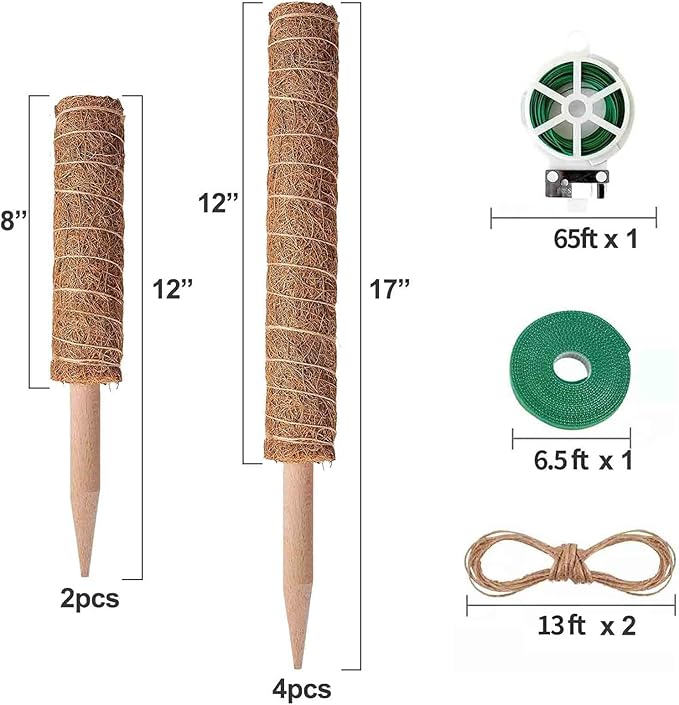 Eibikdi 6 Pcs Moss Pole Extending to 68 Inches for Plants Monstera, Plant Support Stakes for Indoor Climbing Plants Grow Upwards, with 65ft Twist Ties, 13ft Jute Rope, 6.5ft Hook-and-Loop Strip