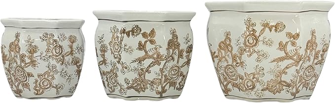 Galt International Brown & White Round Fluted Floral Porcelain Ceramic Plant Flower Planter Pot Set of 3 (7.5", 10", 13") Garden Pots Chinese Asian Design