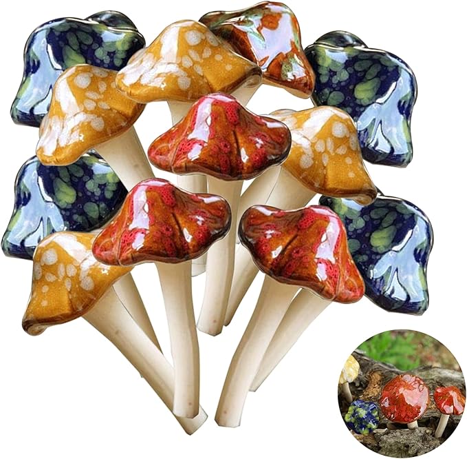 kathson 12 Piece Garden Mushrooms - Ceramic Mushroom for Yard, Fairy Garden Stakes Lawn Ornament Plants Stakes Accessories Pottery Ornament 4.52" in Height (Random Color)