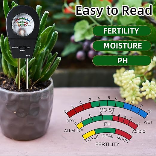 3-in-1 Soil Moisture Meter pH & Fertility Tester, No Battery Needed Plant Soil Test Kit for Houseplants, Garden, Lawn & Farm, Plug-and-Read Soil Acidity Meter for Indoor Outdoor Potted Plants (Black)