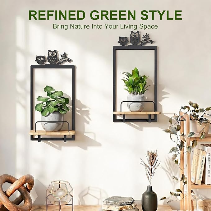 Shineled Wall Planter for Indoor Plants 2 Pack, Wall Mounted Plant Holder for Small Plants, Floating Wall Shelf for Plants, Real Oak Wood, Magnetic Animal Decor, Home Wall Decor (OWL)