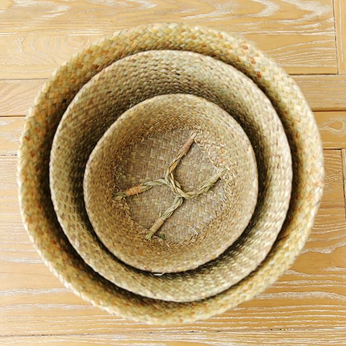 Daxin Seagrass Wickerwork Basket,Rattan Foldable Hanging Flower Pot Planter,Woven Dirty Laundry Basket, Storage Basket Home Storage Decor Basket