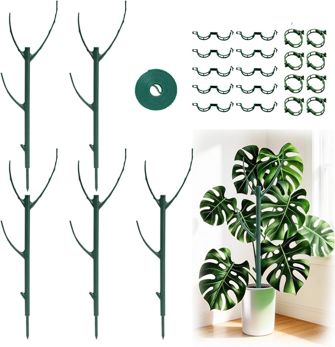 5 Pack Stackable Plant Support Stakes, Moss Pole Alternative for Monstera & Climbing Vines, Gardening Gifts for Women, Garden Essential Trellis Sticks for Indoor Outdoor Plant with 20Pcs Clips & Ties